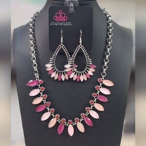 Elegant Pink and Red Teardrop Necklace and Earring Set